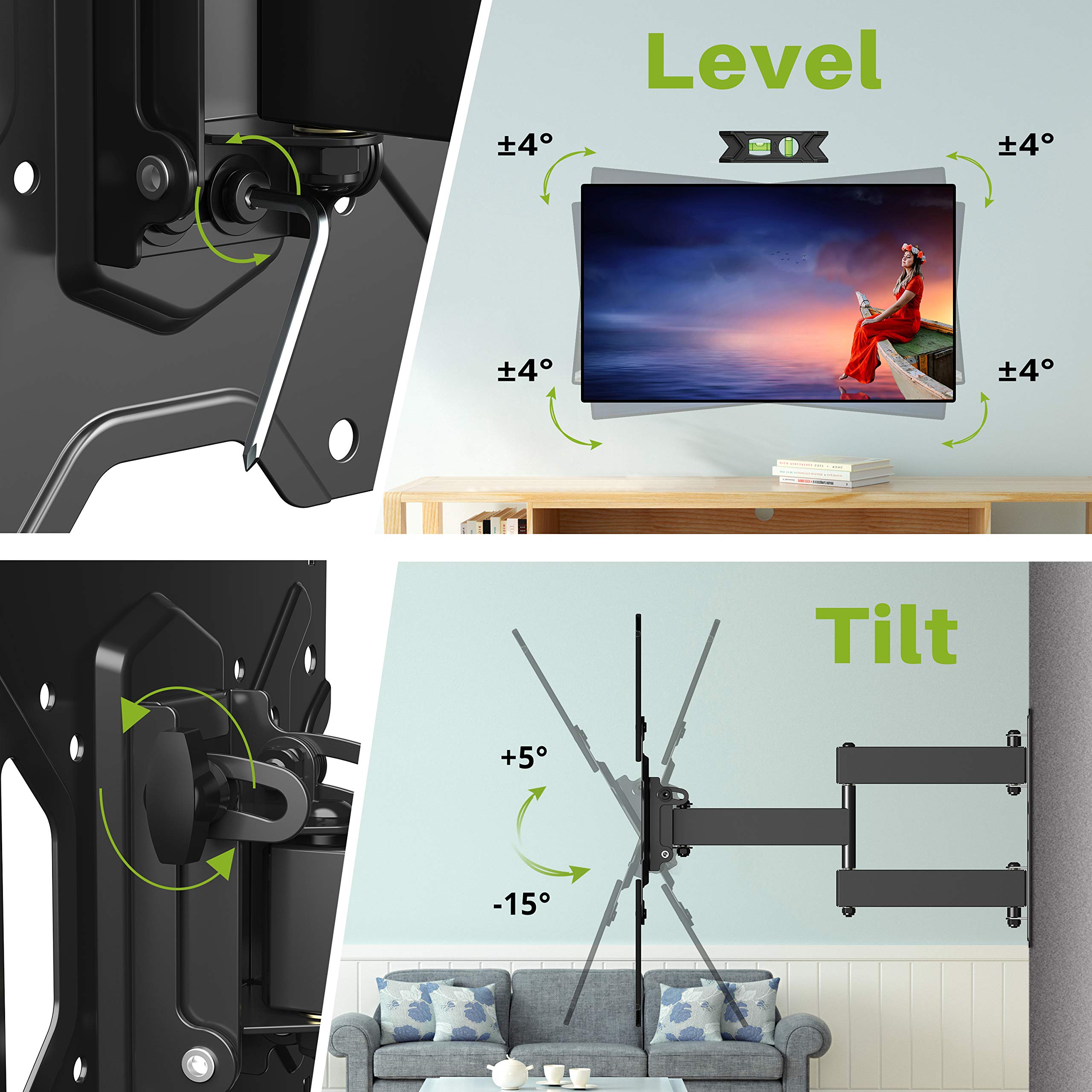 USX MOUNT Full Motion TV Wall Mount Swivel and Tilt for Most 26-55 Inch TVs, TV Mount Perfect Center Corner Design on Single Stud, Wall Mount TV Bracket Up to VESA 400x400mm and 77 lbs