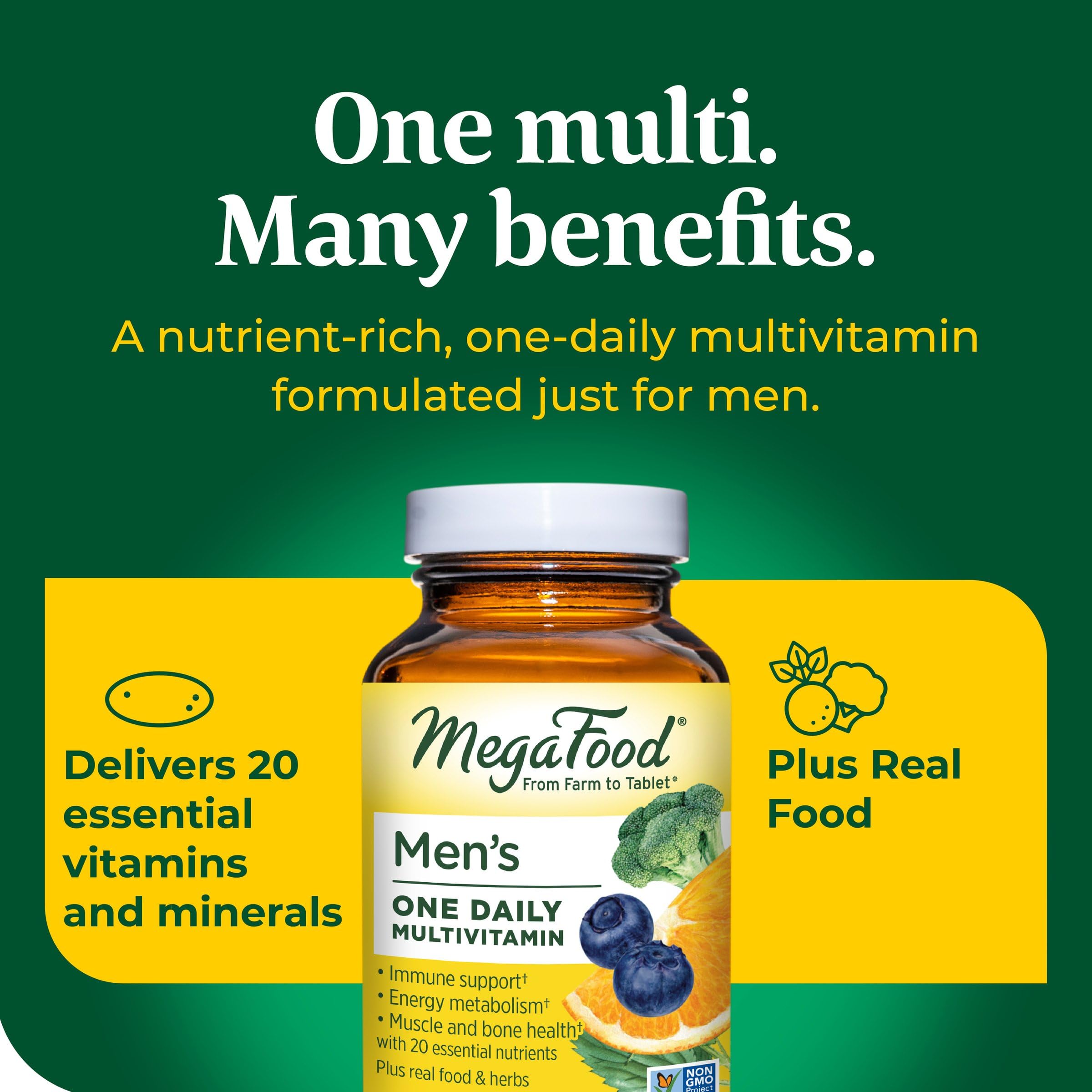 MegaFood Men's One Daily - Multivitamin for Men with Zinc, Selenium, Vitamin B12, Vitamin B6, Vitamin D & Real Food - Immune Support Supplement - Muscle and Bone Health - Vegetarian - 30 Tabs