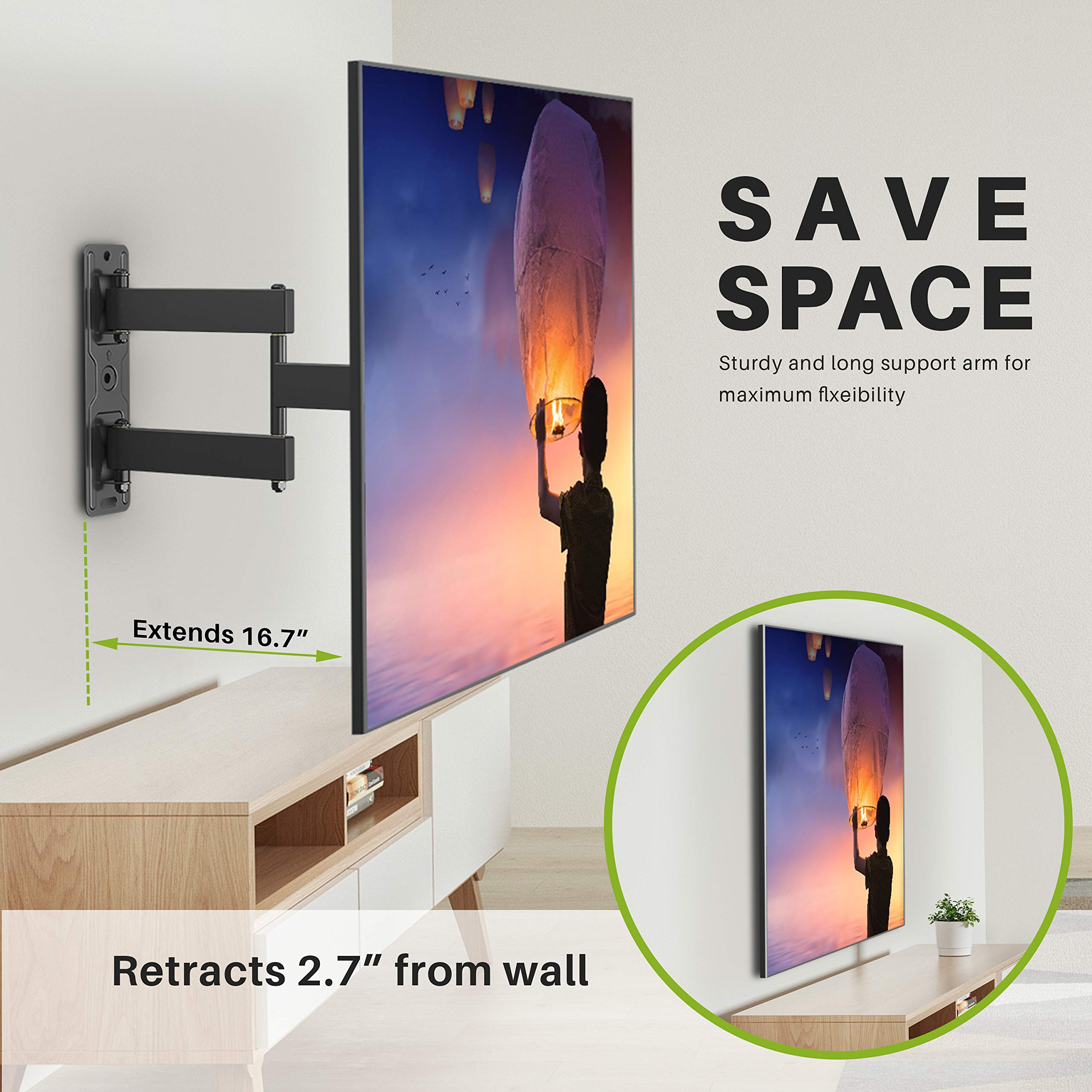 USX MOUNT Full Motion TV Wall Mount Swivel and Tilt for Most 26-55 Inch TVs, TV Mount Perfect Center Corner Design on Single Stud, Wall Mount TV Bracket Up to VESA 400x400mm and 77 lbs