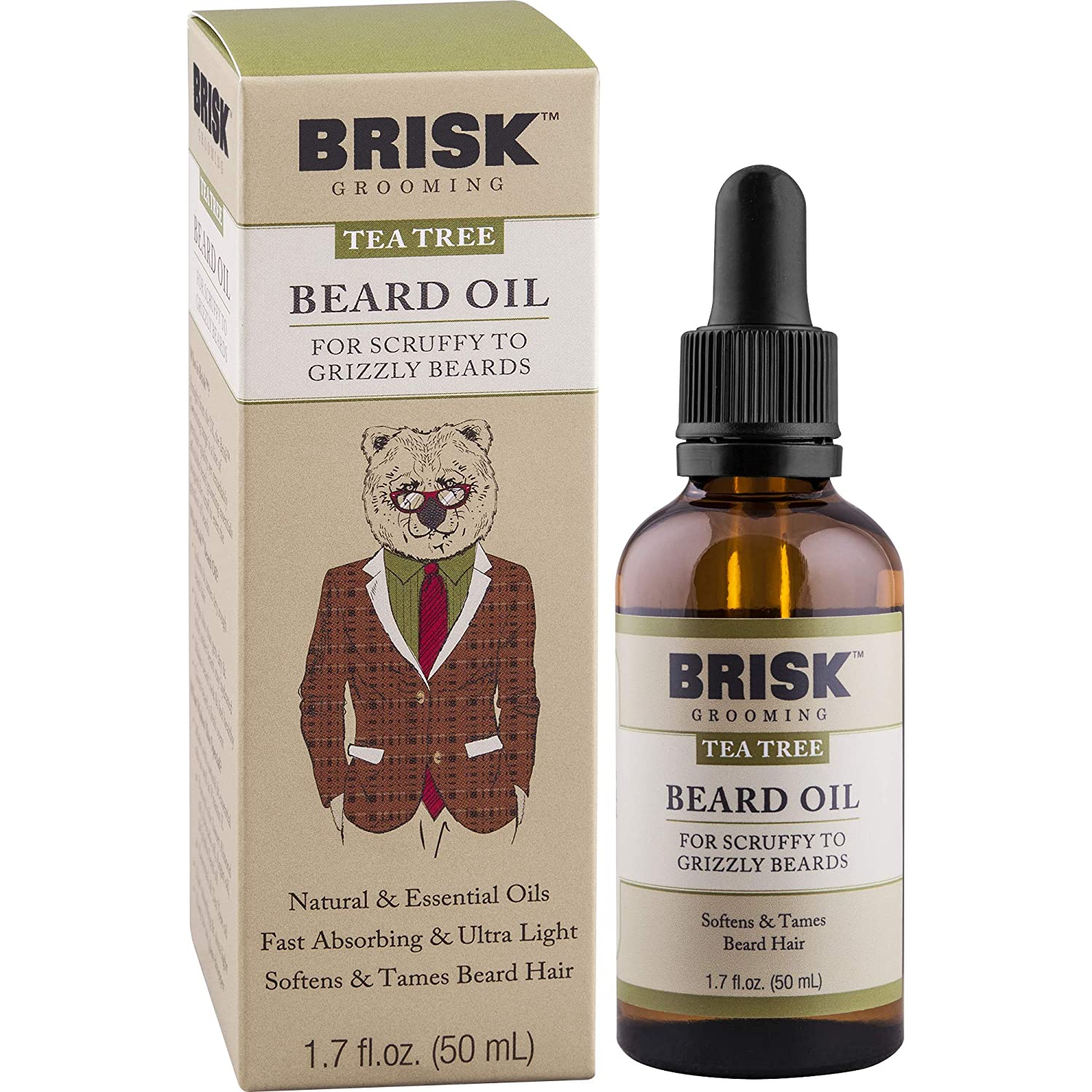 Brisk Grooming Tea Tree Beard Oil, Fast-absorbing Blend of Natural & Essential Oils Softens & Tames for a Beard that Looks & Feels Healthy not Greasy, 1.7 fl.oz. (50mL) Bottle w/Dropper
