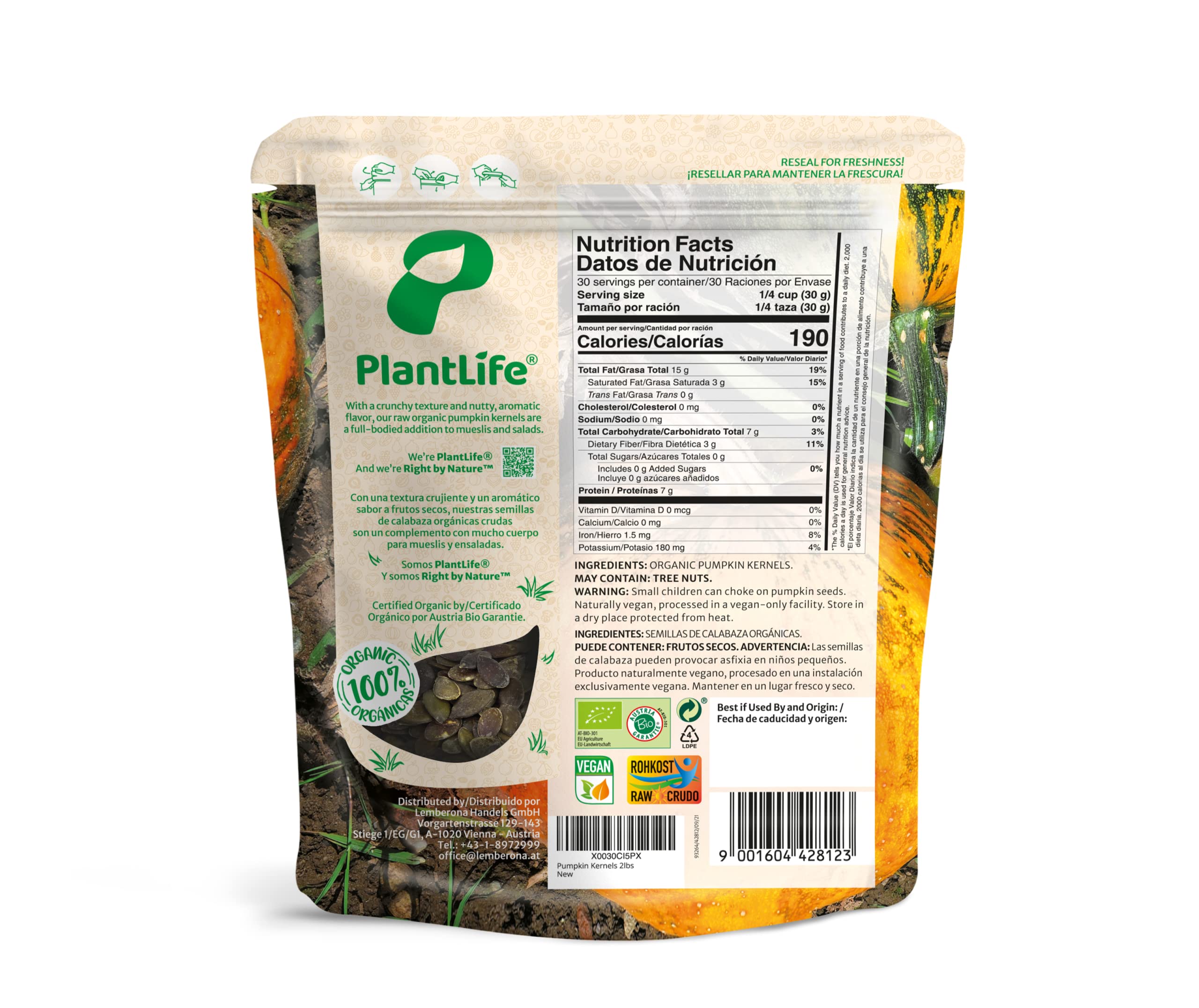 PlantLife Organic European Pumpkin Seeds Pepitas 2lbs – Gluten-Free, Unsalted, No Shell, Non-GMO, Certified USDA Organic & Vegan