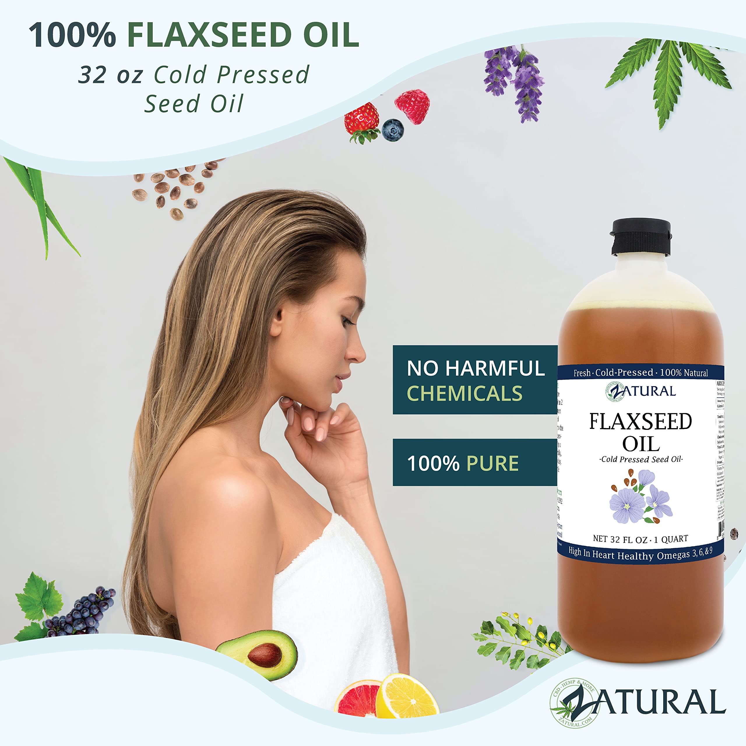 Zatural Flaxseed Oil - 100% Pure Flax Seed Oil - 0 Additives - 0 Fillers - Cold Pressed - Unrefined, 32 Oz