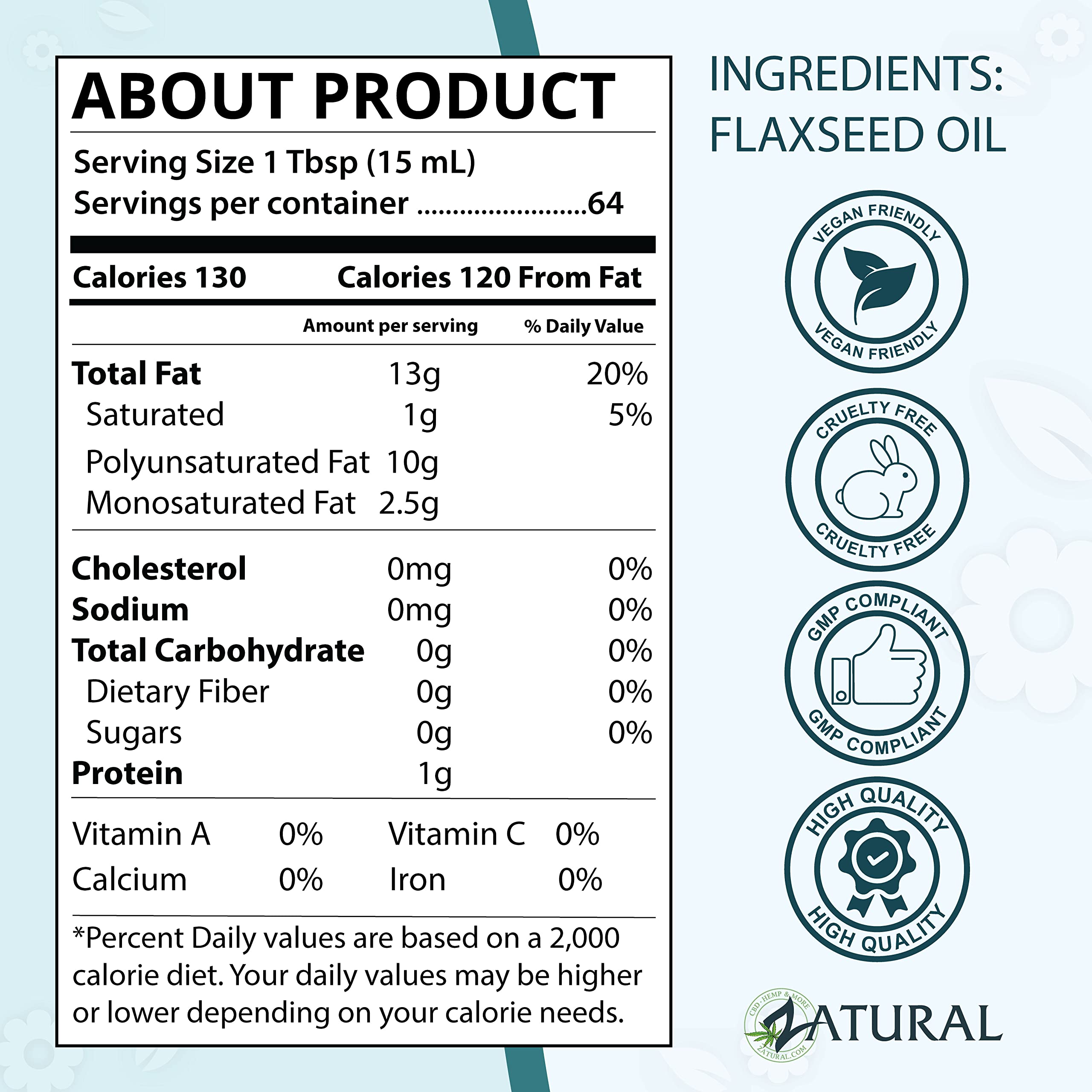 Zatural Flaxseed Oil - 100% Pure Flax Seed Oil - 0 Additives - 0 Fillers - Cold Pressed - Unrefined, 32 Oz