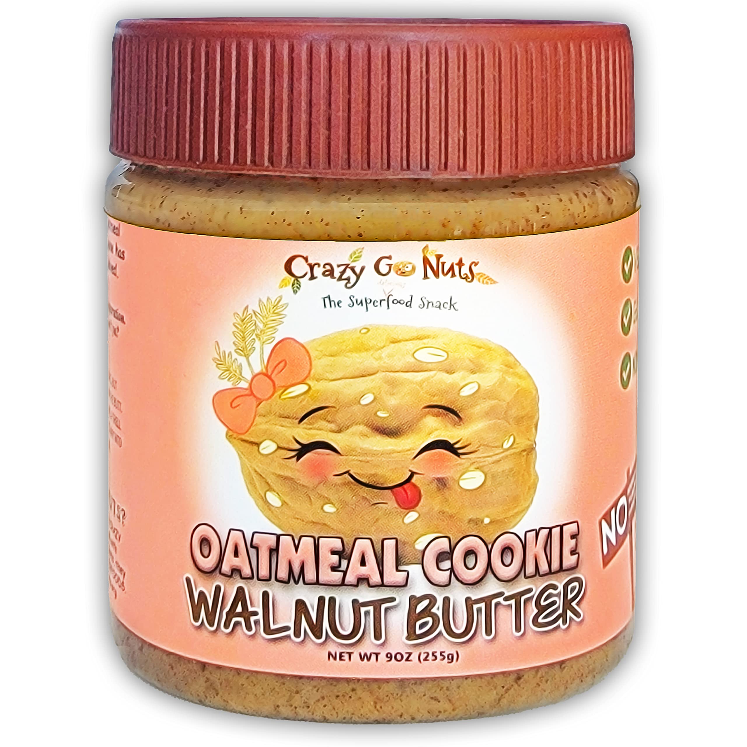 Crazy Go Nuts Walnut Butter - Oatmeal Cookie, 9 oz (1-Pack) - Healthy Snacks, Keto, Vegan, Low Carb, Gluten Free, Superfood - Natural, Non-GMO, ALA, Omega 3 Fatty Acids, Good Fats and Antioxidants