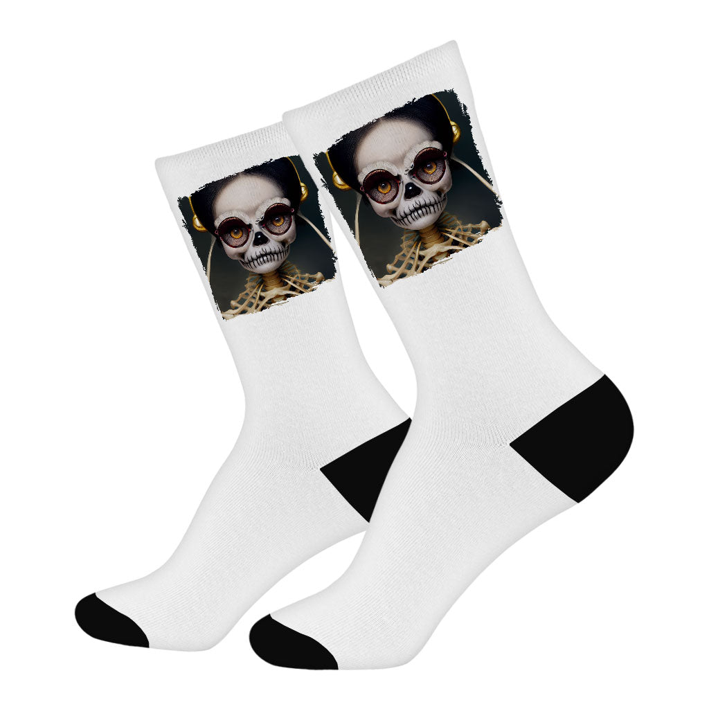 Skeleton Print Socks - Halloween Themed Novelty Socks - Creepy Girl Crew Socks