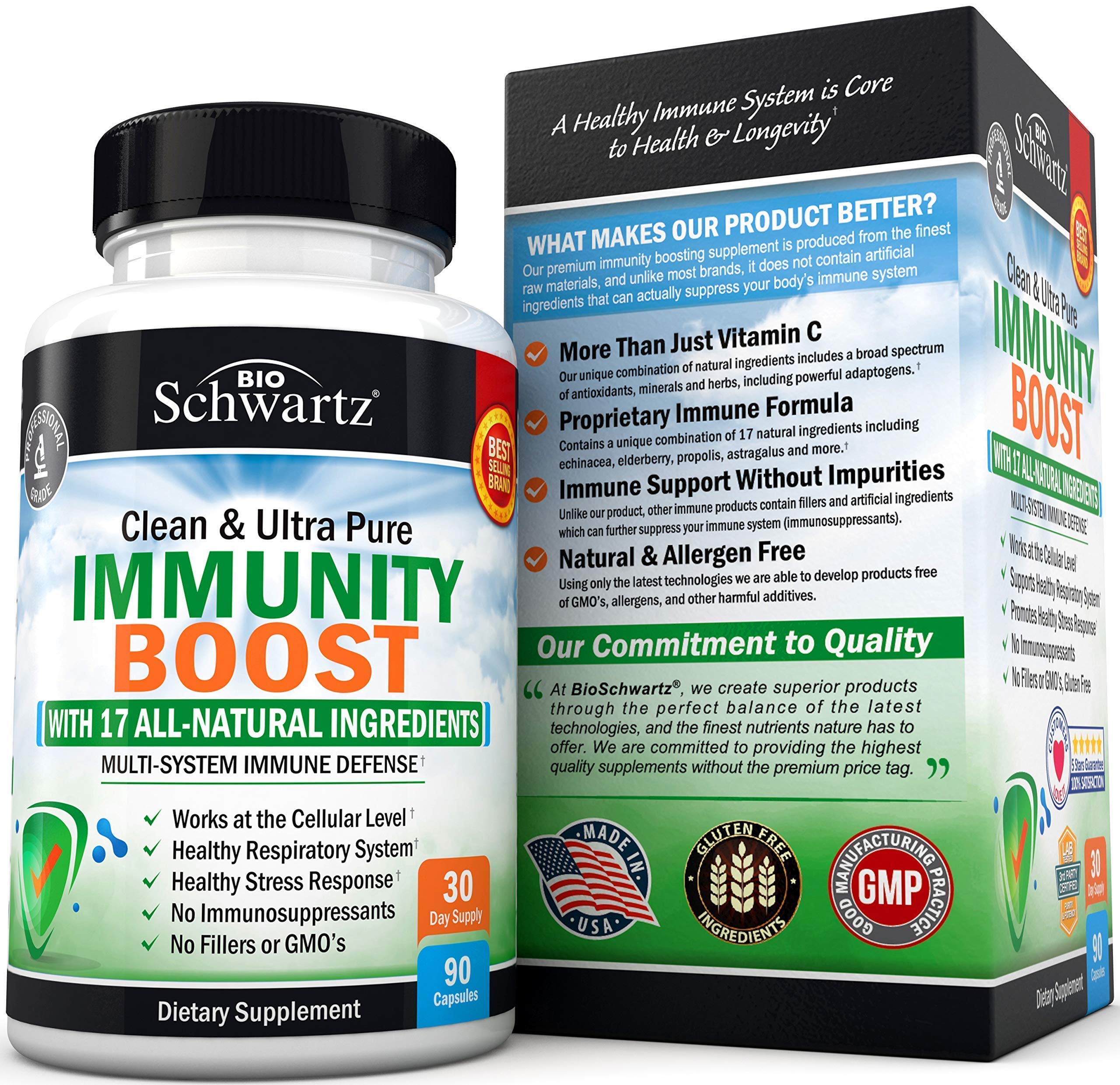 Immune Support Supplement with Vitamin C 1000mg Zinc Elderberry Extract Ginger Root Beta Carotenes, Immunity Boost for Adults, Natural Immune Defense Antioxidant Vitamins by BioSchwartz, 90 Capsules