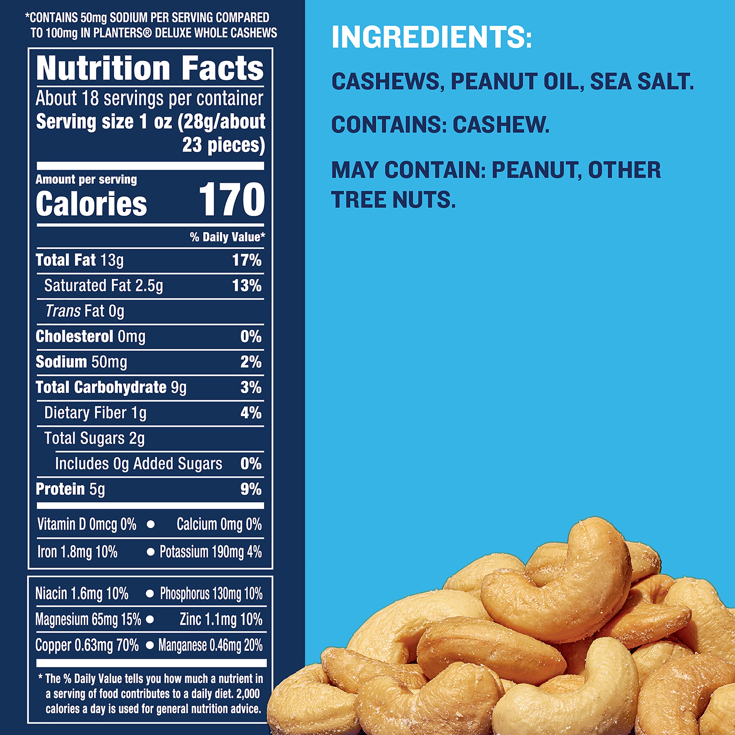 PLANTERS Deluxe Lightly Salted Whole Cashews, Party Snacks, Plant-Based Protein 18.25oz (1 Canister)