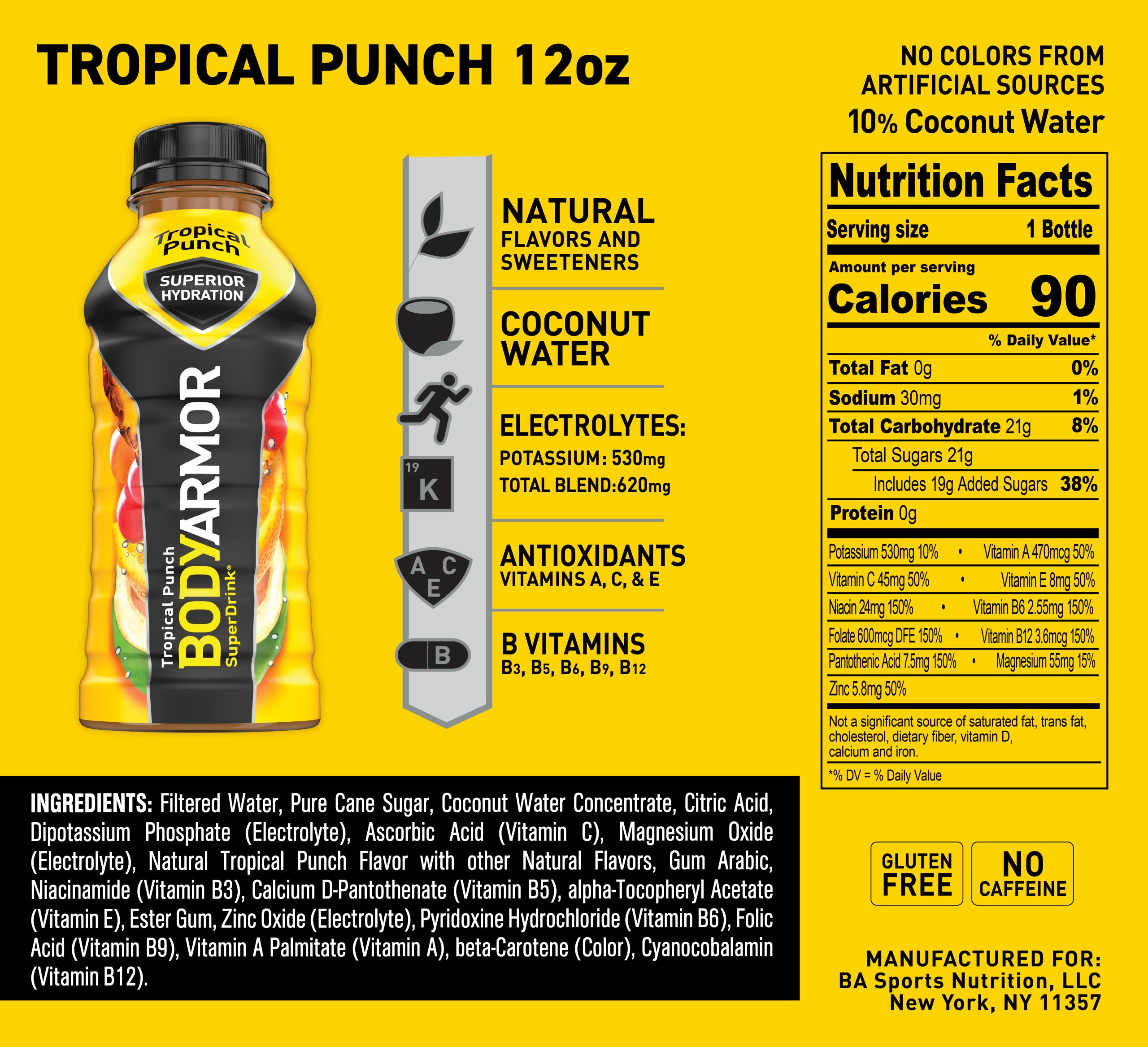 BODYARMOR Sports Drink Sports Beverage, Tropical Punch, Coconut Water Hydration, Natural Flavors With Vitamins, Potassium-Packed Electrolytes, Perfect For Athletes, 12 Fl Oz (Pack of 8)