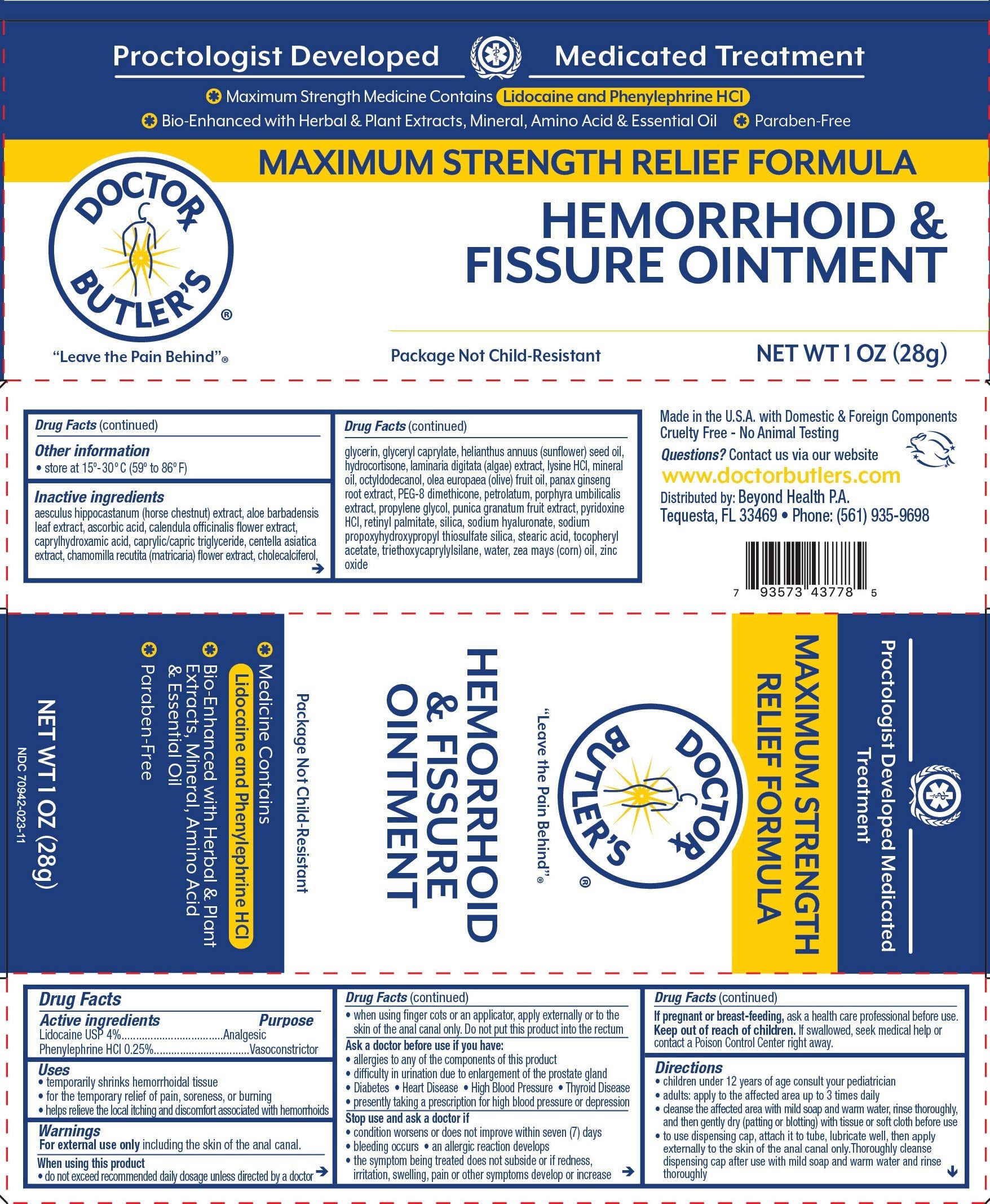 Doctor Butler's Hemorrhoid & Fissure Ointment – Hemorrhoid Treatment with Phenylephrine HCI and Lidocaine for Fast Acting Relief of Swelling, Discomfort, and Itching in one Hemorrhoid Cream (1 oz.)