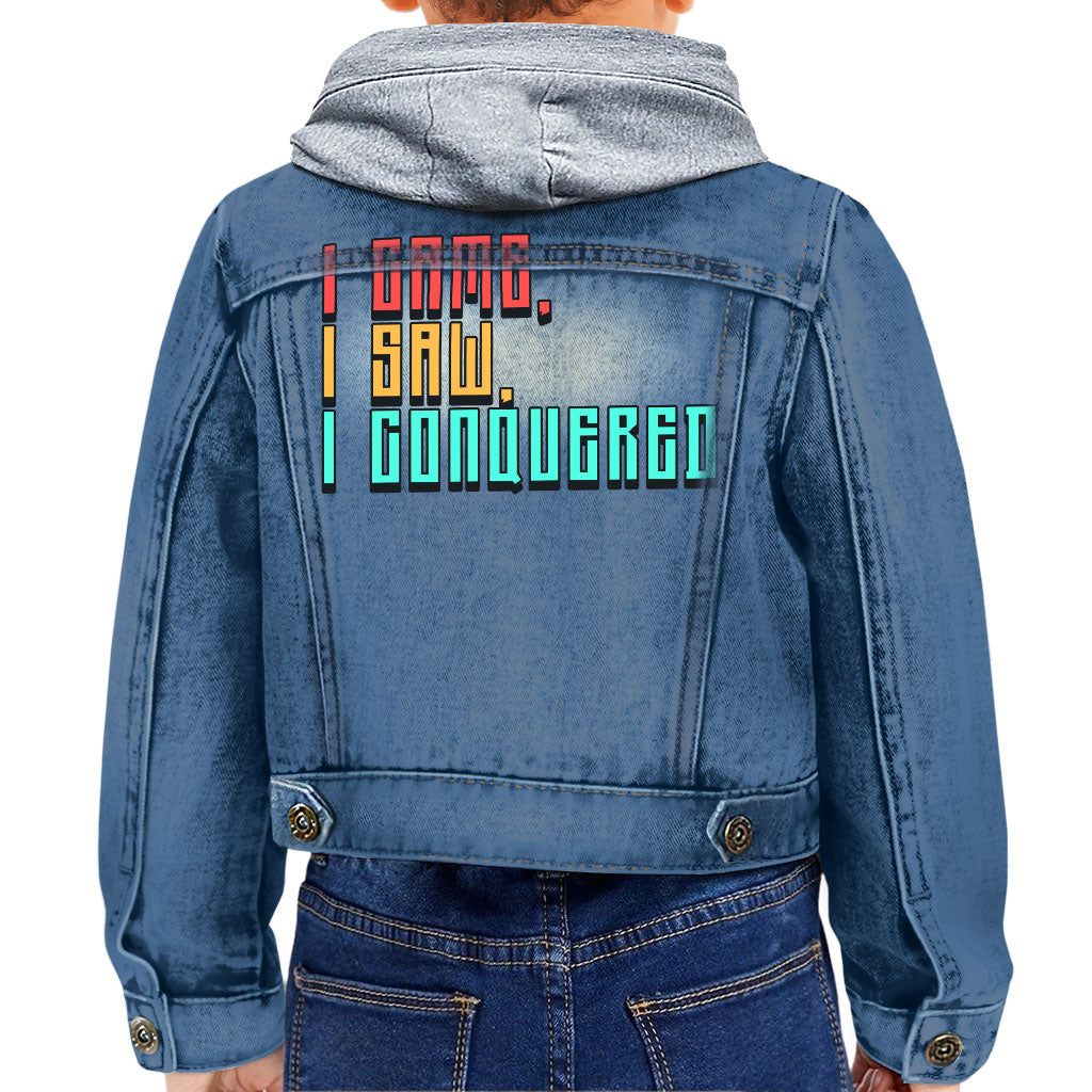 I Came I Saw I Conquered Toddler Hooded Denim Jacket - Cool Jean Jacket - Best Selling Denim Jacket for Kids