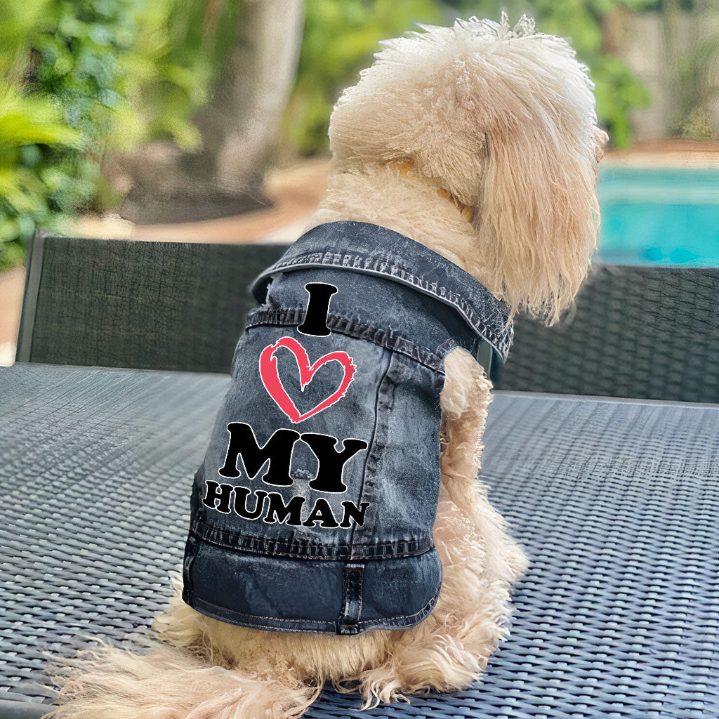 I Love My Human Dog Denim Vest - Text Design Dog Denim Jacket - Heart Dog Clothing