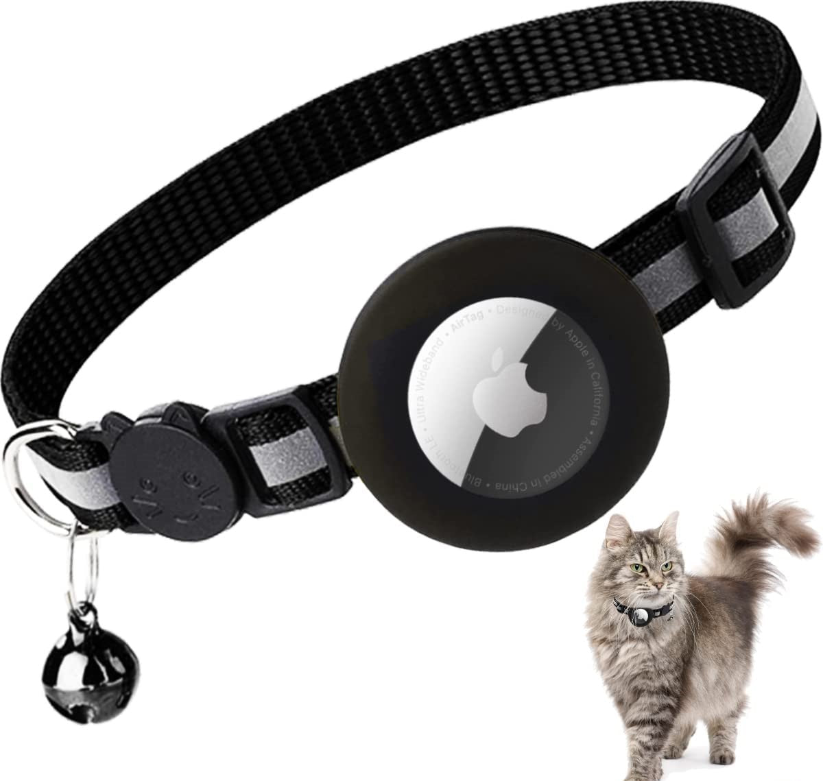 Airtag Cat Collar Breakaway, Reflective Kitten Collar with Apple Air Tag Holder and Bell for Girl Boy Cats, 0.4 Inches in Width and Lightweight (Black)