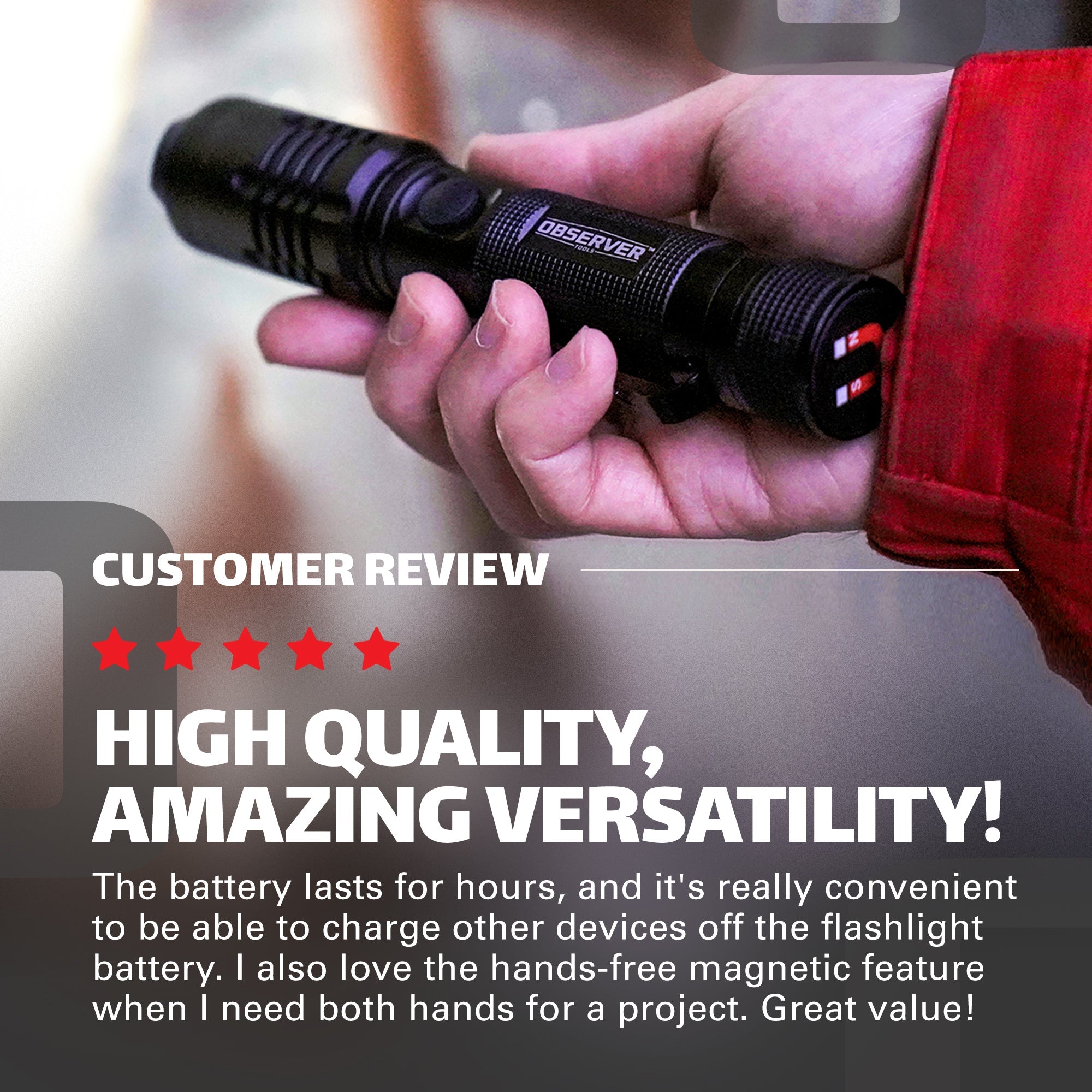Observer 1200 Lumen Tactical LED Rechargeable Flashlight with Power Bank & Dual