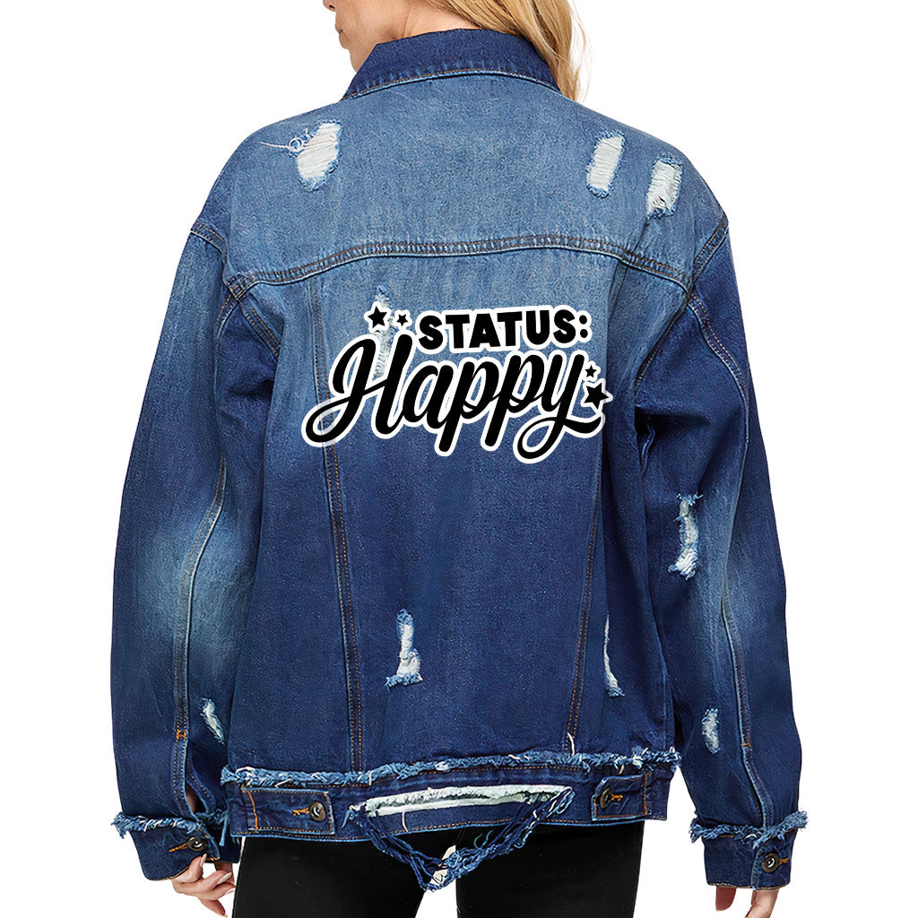 Status Happy Women's Oversized Denim Jacket - Cute Ladies Denim Jacket - Printed Denim Jacket