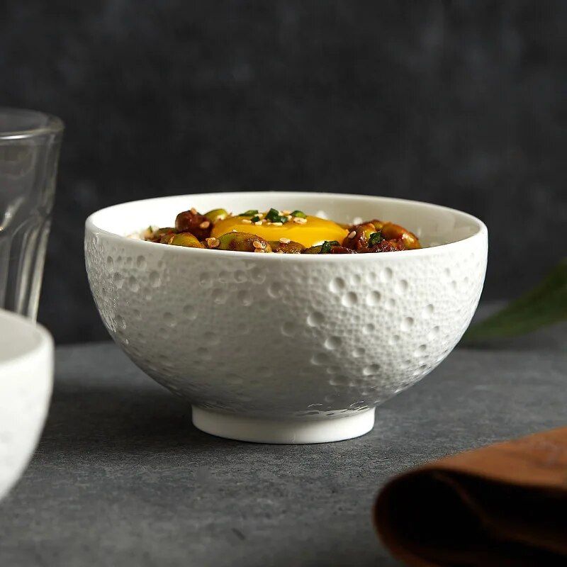 Elegant White Ceramic Rice Bowl Set