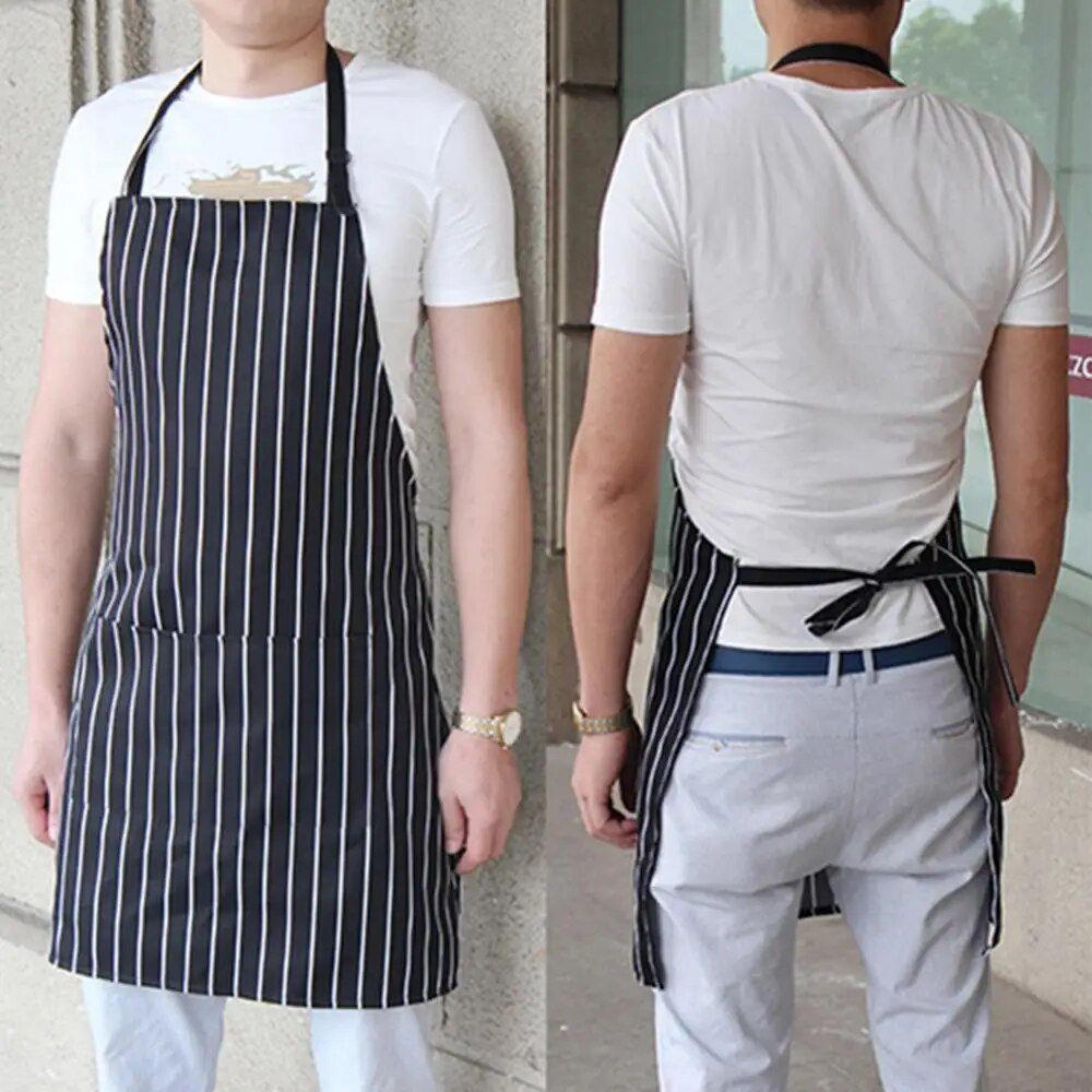 Adjustable Black and White Stripe Bib Apron with Pockets for Men and Women