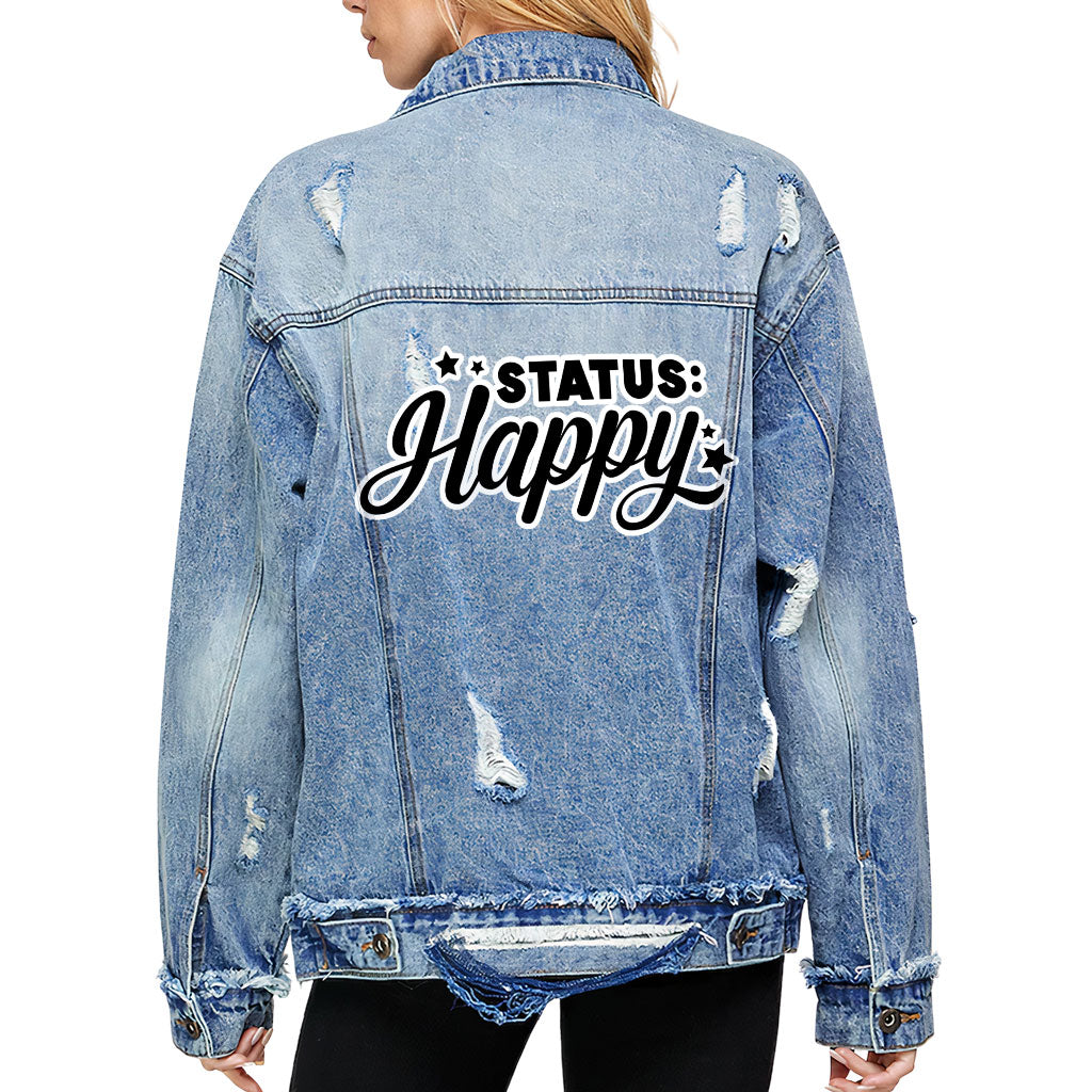 Status Happy Women's Oversized Denim Jacket - Cute Ladies Denim Jacket - Printed Denim Jacket