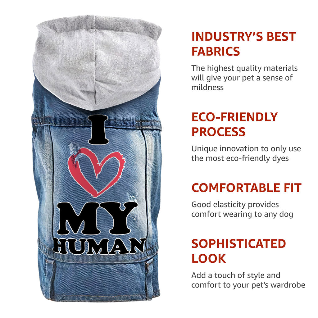 I Love My Human Dog Denim Jacket - Text Design Dog Denim Coat - Heart Dog Clothing