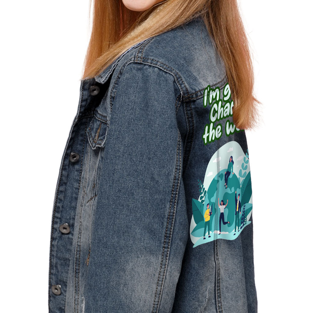 Change the World Kids' Denim Jacket - Motivational Quotes Jean Jacket - Illustration Denim Jacket for Kids