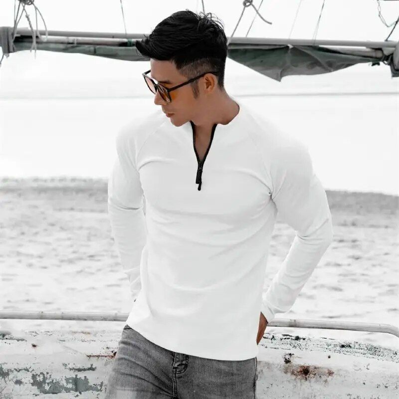 Men's Long Sleeve Slim Fit Sports T-Shirt with Zipper Neckline