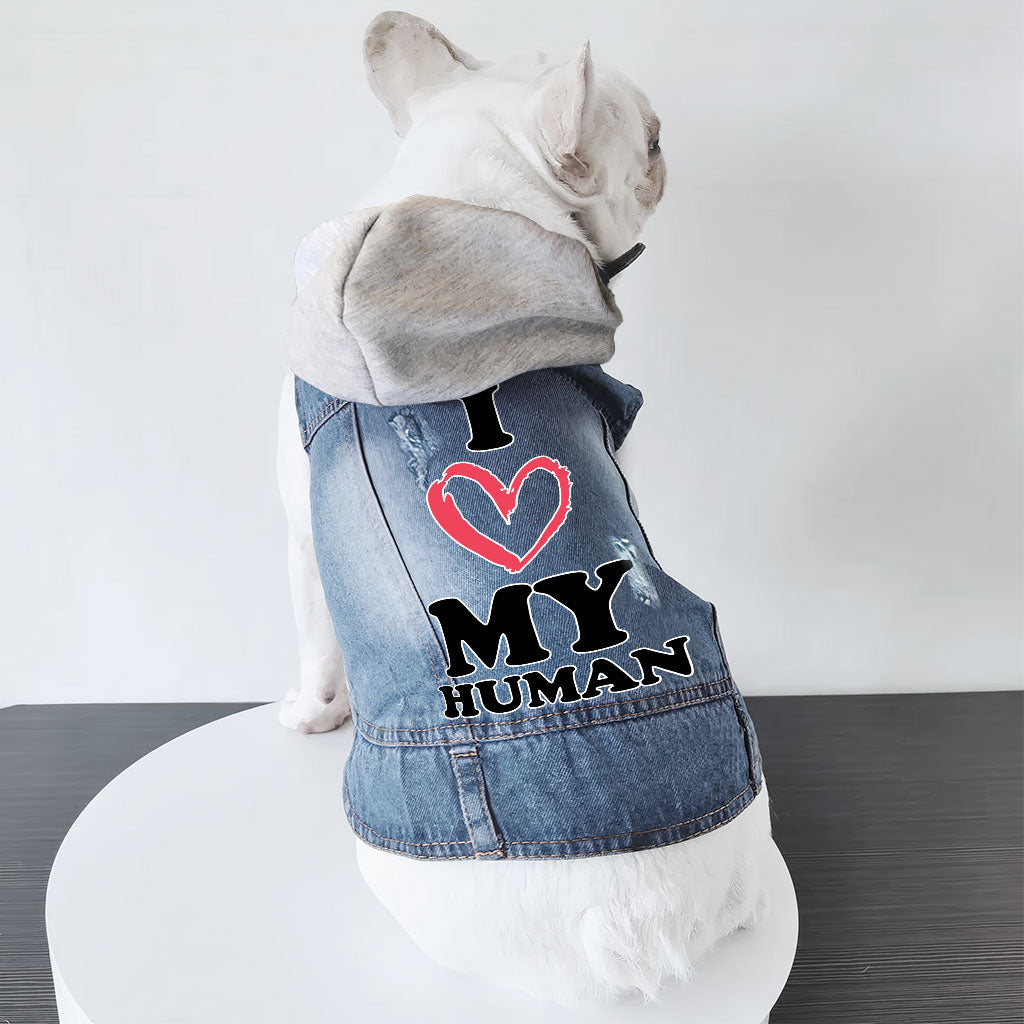 I Love My Human Dog Denim Jacket - Text Design Dog Denim Coat - Heart Dog Clothing