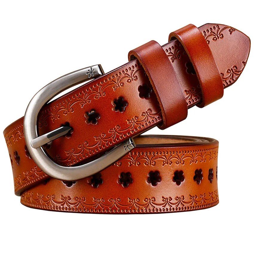 Vintage Floral Hollow Genuine Leather Belt for Women
