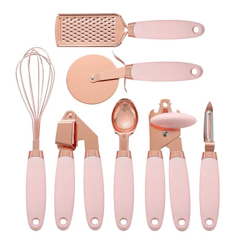 Elegant Rose Gold 7-Piece Kitchen Utensil Set with Silicone Handles