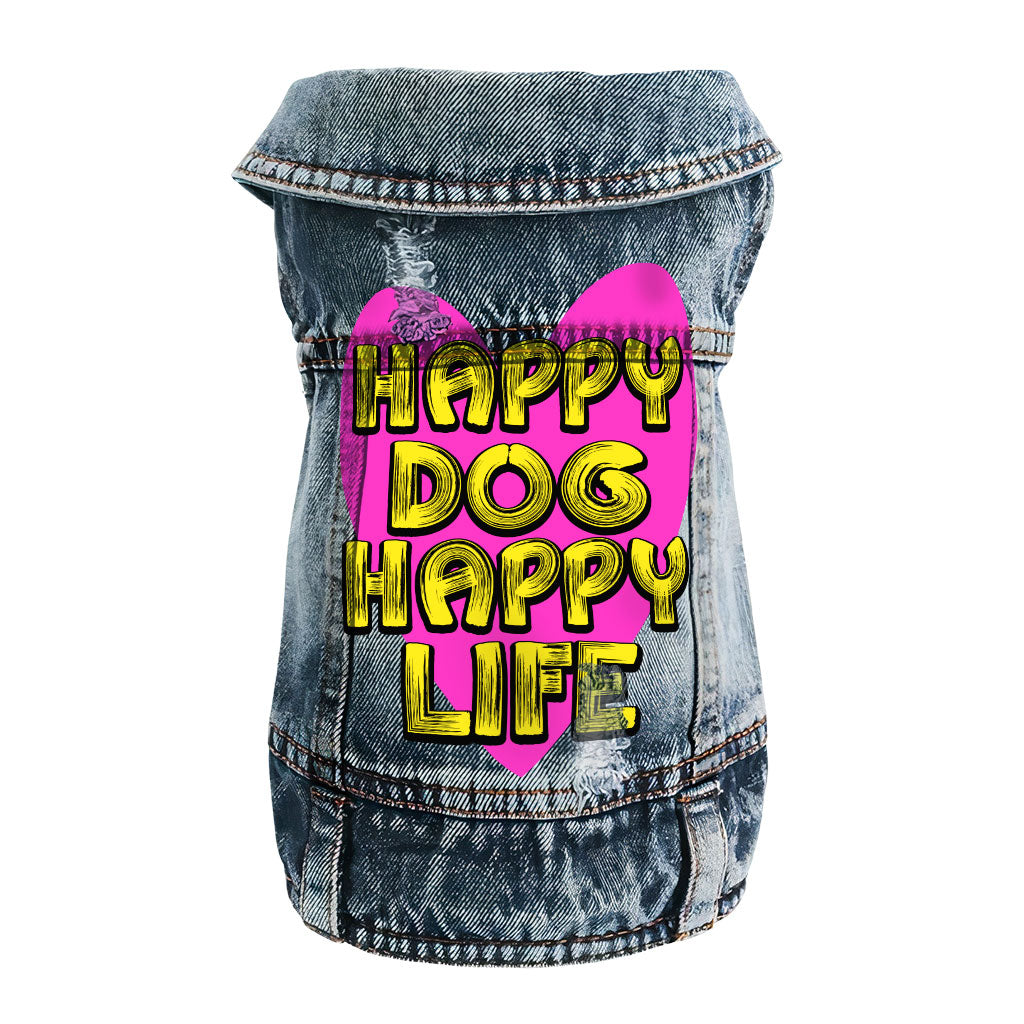 Happy Dog Happy Life Dog Denim Vest - Phrase Dog Denim Jacket - Art Print Dog Clothing