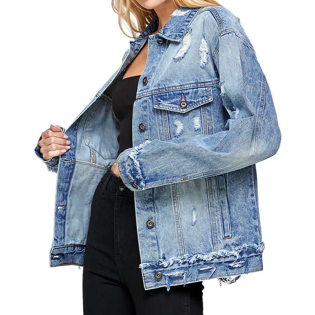 Status Happy Women's Oversized Denim Jacket - Cute Ladies Denim Jacket - Printed Denim Jacket