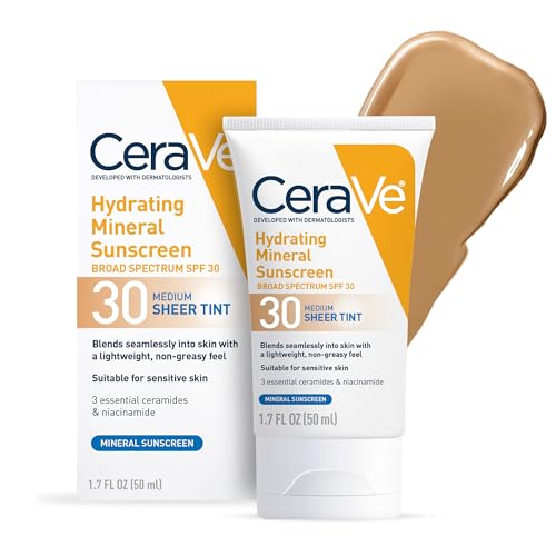 CeraVe Tinted Sunscreen for Face, Mineral SPF 30 Moisturizer, Medium, 1.7oz | Skin Care, Face Sunscreen, Hyaluronic Acid, Zinc Oxide, Titanium Dioxide, Sheer Tint, Healthy Glow, Blends Seamlessly