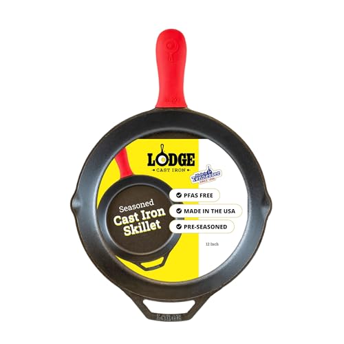 Lodge Seasoned Cast Iron Skillet 12 Inches - Quality Frying Pan for the Stove, Oven, Grill & Campfire - Includes Silicone Hot Handle Holder - Non-Toxic, Nonstick & Long-Lasting