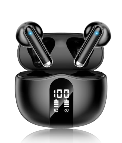 Wireless Earbuds, 2026 Bluetooth 5.4 Headphones Bass Stereo Ear Buds with Noise Cancelling Mic, LED Display in Ear Earphones 50H Playtime Ear Buds, IP7 Waterproof for Laptop Pad Phones Soft Black
