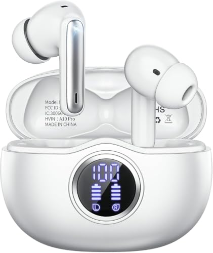 Fhumsh Wireless Earbuds, Bluetooth 6.0 Headphones HiFi Stereo 50H Playback LED Digital Display Ear Buds with ENC Noise Canceling Headset, IPX7 Waterproof Earphones for Gym/Running/Work（White）