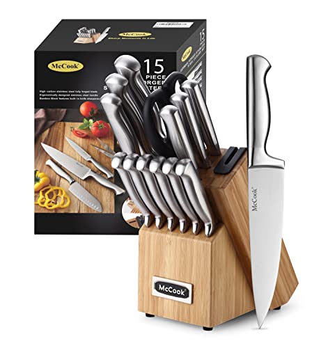 McCook® Knife Sets,German Stainless Steel Knife Block Sets with Built-in Sharpener, 15 Piece Chef Knife and More, Razor Sharp, Restaurant Grade, Anti-Rust, Elegant Box for Gift