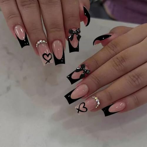 CTTHNBD Press on Nails Square, Medium, Black French Tip Fake Nails | Heart False Nails Press ons, Bow Charms Design, for Women 24 Pcs