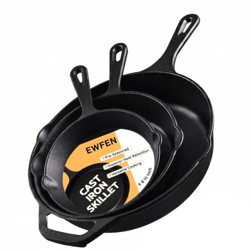 EWFEN Cast Iron Skillet 3-Piece Set, Heavy-Duty Professional Restaurant Chef Quality Pre-Seasoned Pan Cookware Set, 6", 8", 10" Pans For Frying, Saute, Cooking, Use Indoor/Outdoor, Oven, Grill