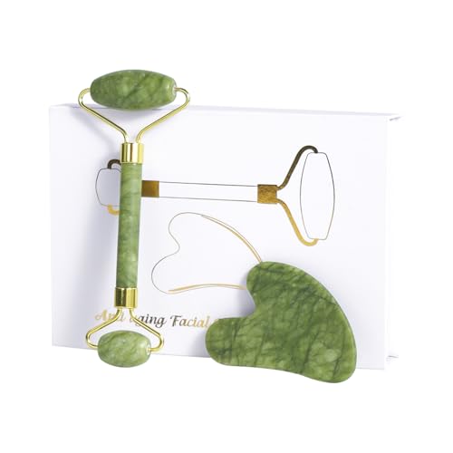 LSXKAMIX Jade Roller Gua Sha Tools - Nature Gua Sha Facial Tool Skin Tightening Face Massager Anti-Aging Jade Face Roller Puffiness Reducing Guasha Stone for Women Men（Green）