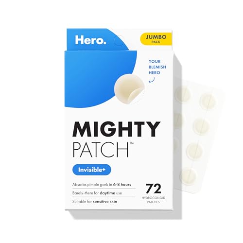 Hero Cosmetics Mighty Patch Invisible+ Daytime Acne Pimple Patch, 72 Ct | Barely-There Hydrocolloid Patch for Covering Zits and Blemishes, Tapered Edges Designed to Blend Into Skin, Korean Skincare
