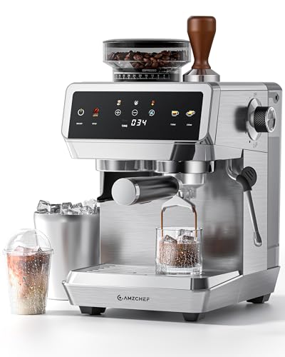 AMZCHEF Espresso Machine With Grinder, Temp Control, 44 Grind Settings | Hot & Cold Brew, Cappuccinos & Lattes, Built-in Grinder, Milk Frother, Touch Screen, Easy to Clean, Compact Design, Silver