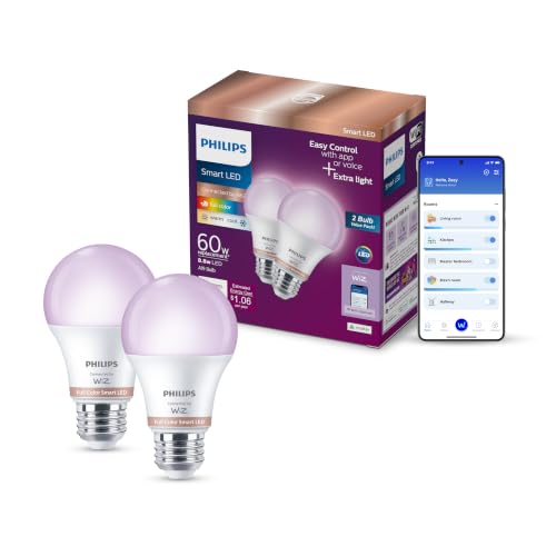 PHILIPS Smart Lighting Connected Light Bulbs, 2-Pack, Color A19 60W 800LM E26 Indoor LED Lights, Smart Bulbs with Motion Detection, Control with Voice or App