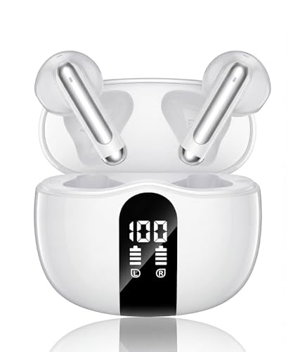 Wireless Earbuds, 2026 Bluetooth 5.4 Headphones Bass Stereo Ear Buds with Noise Cancelling Mic, LED Display in Ear Earphones 50H Playtime Ear Buds, IP7 Waterproof for Laptop Pad Phones Satin White