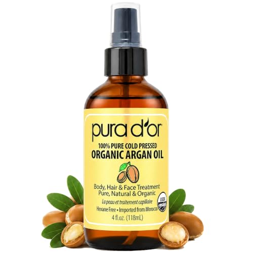 PURA D'OR USDA ORGANIC Moroccan Argan Oil Pure Cold-Pressed Hair & Skin 4oz | Shine, Softness, Frizz Control, Ayurvedic Hair Care, Dry Ends, Cuticles, Body Care, Lightweight, Hexane-Free, Vegan