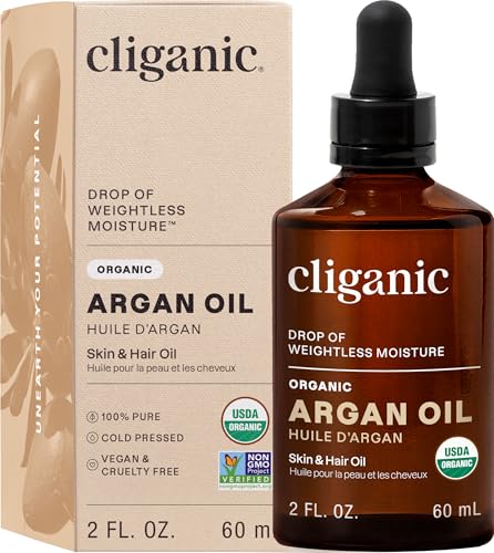 Cliganic Organic Argan Oil, 100% Pure - for Hair, Face & Skin | Cold Pressed Carrier Oil, 2 oz