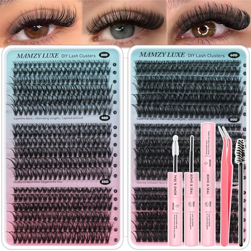 Lash Clusters Kit 708Pcs Individual Cluster Lash Extensions Kit 30D+40D+50D+60D+80D+100D Wispy Eyelash Clusters with Lash Bond and Seal and Tweezers 10-16mm 6 Styles Mix Lashes Clusters Kit