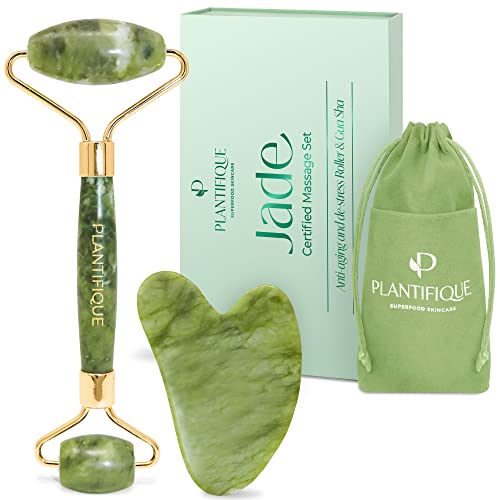 PLANTIFIQUE Jade Roller & Gua Sha Facial Tool Set, Certified Face Massager