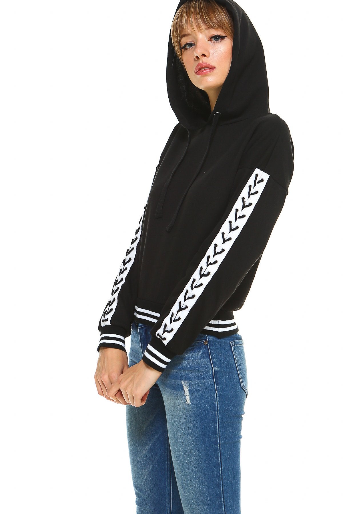 Fleece Lace Up Detail Sleeve Hooded Top