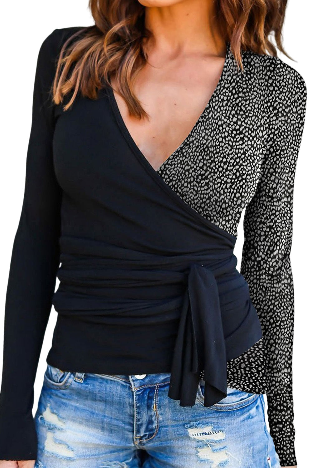 Black Contrast Printed Tie Side Wrapped Long Sleeve Top