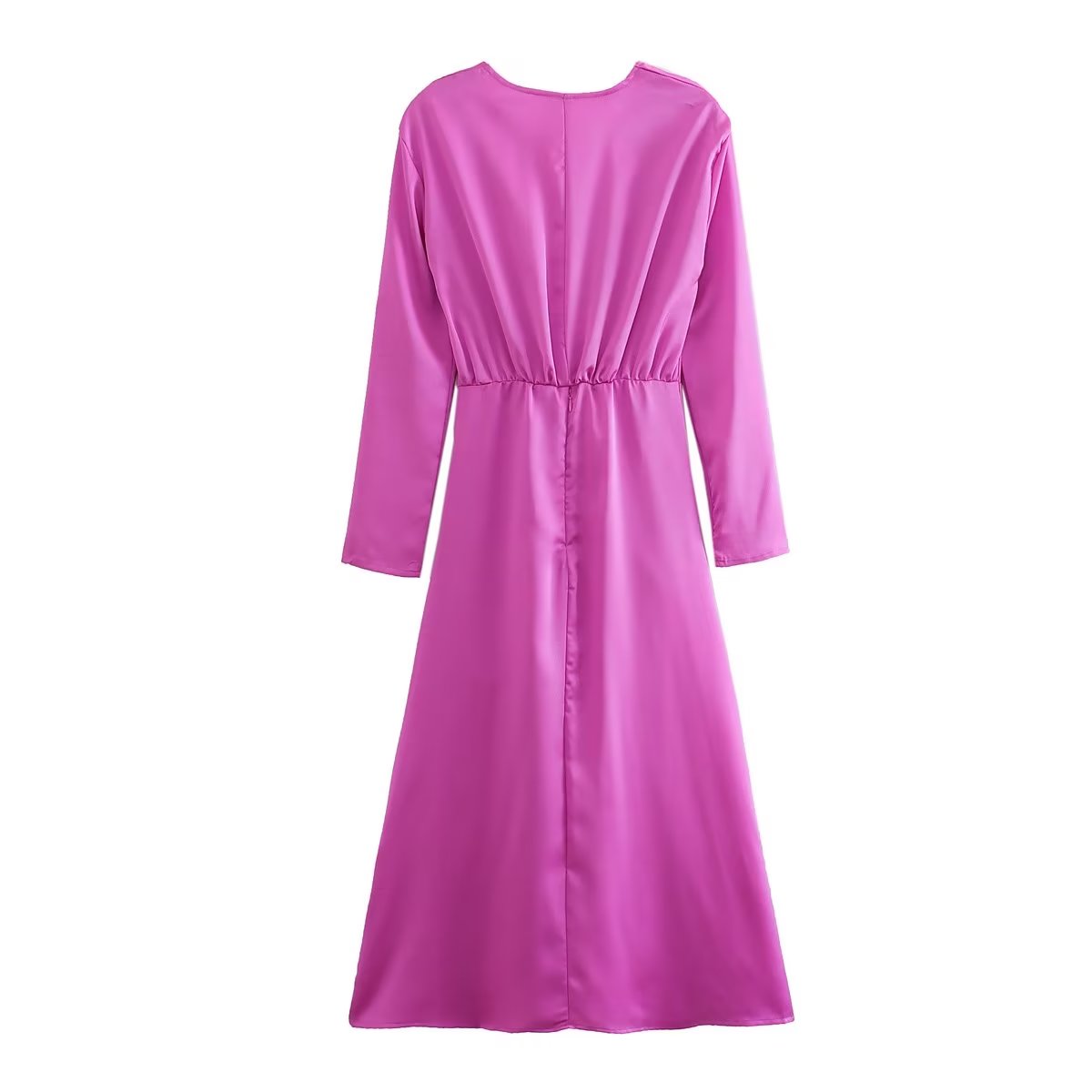 Women Autumn Elegant Long Sleeve Bow Tie Silk Satin Textured Dress