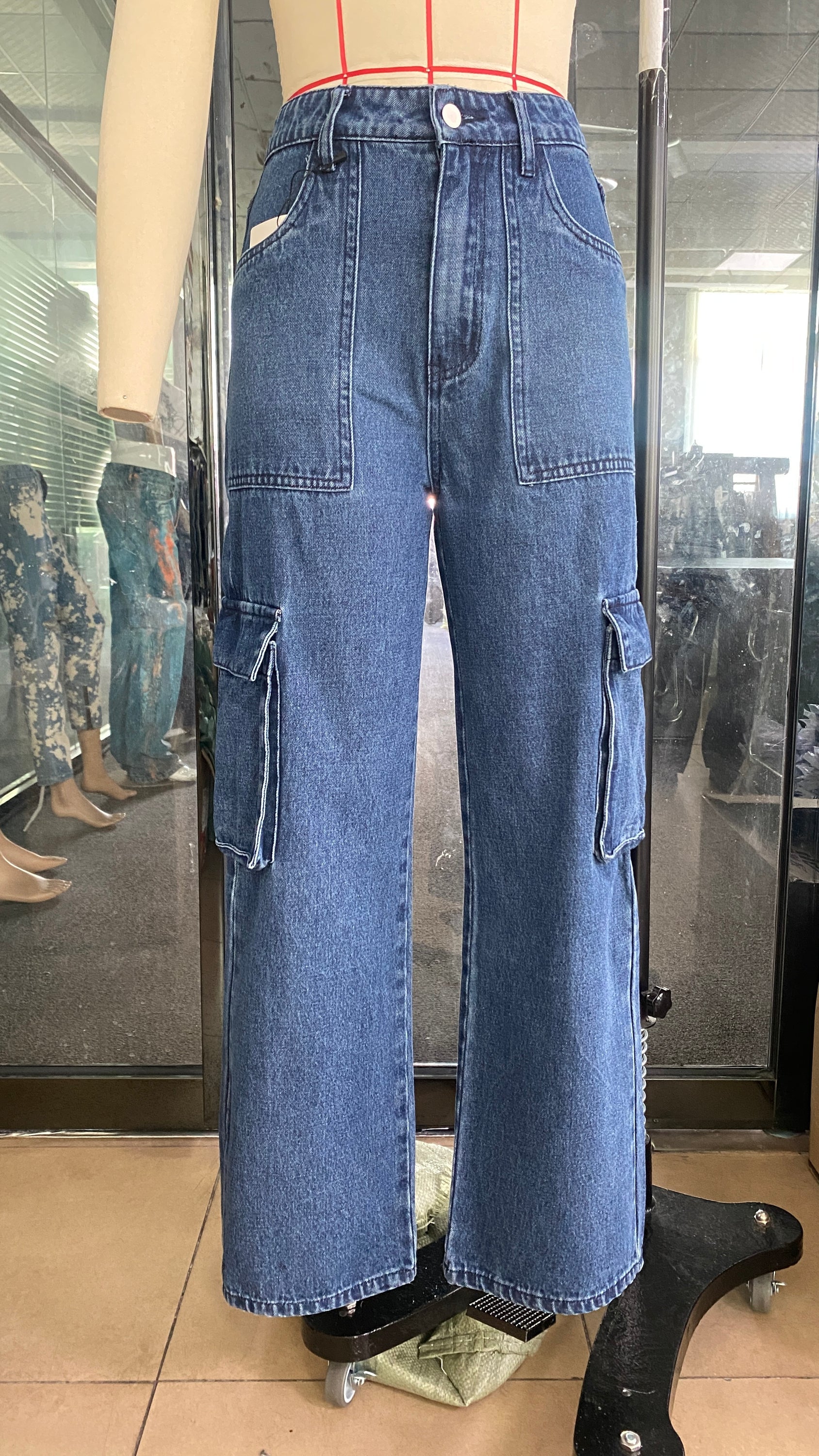 Multi Bag Denim Women High Waist Tooling Pants Loose Washed Denim