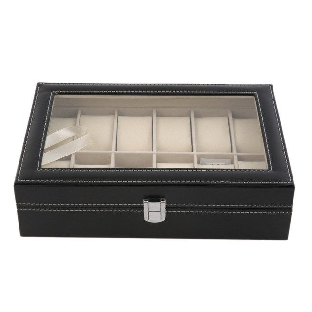 12 Slots Grid PU Leather Watch Display/Jewelry Box